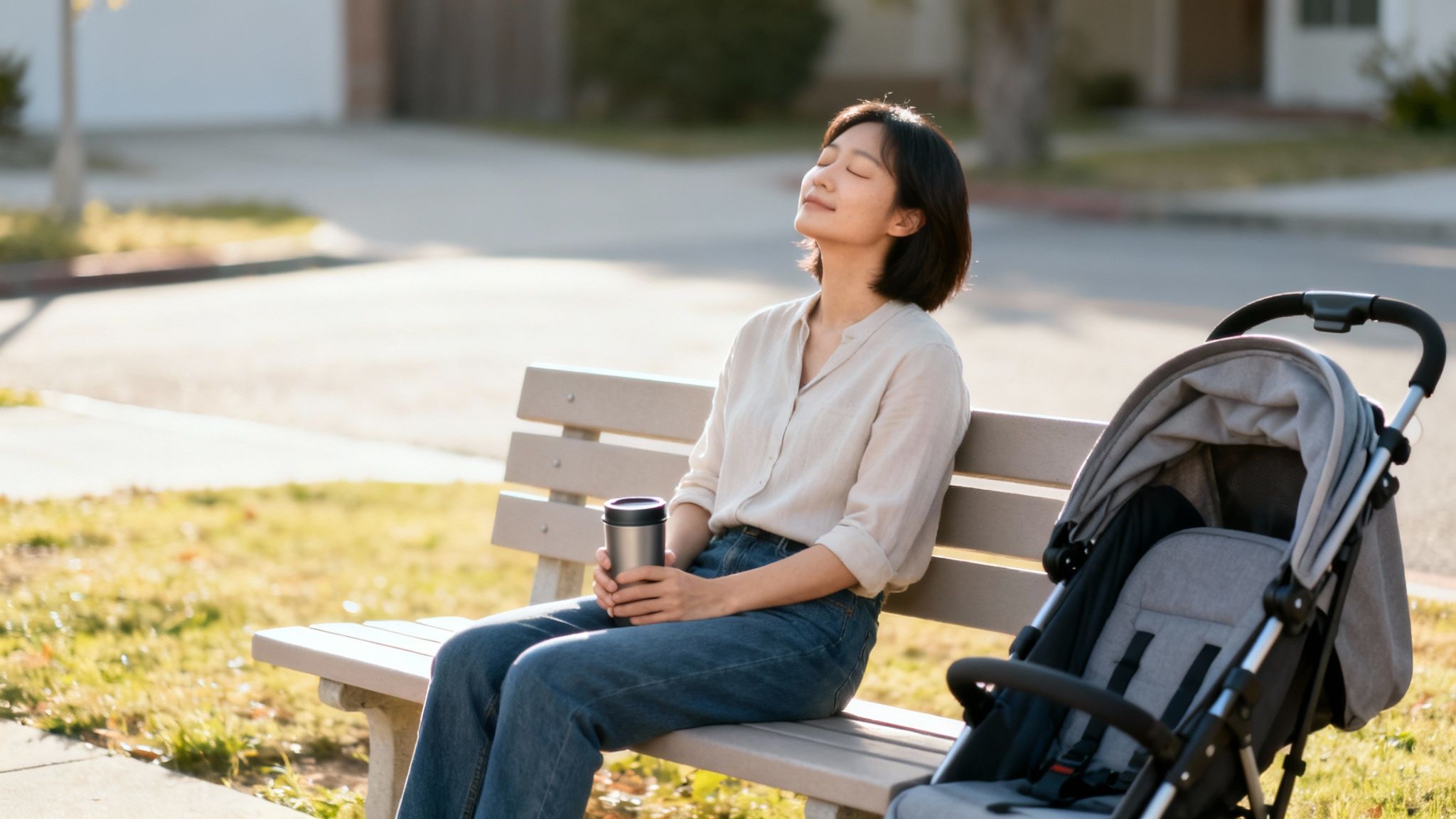 A young woman relaxes on a park bench, eyes closed, enjoying the sun, next to a baby stroller.