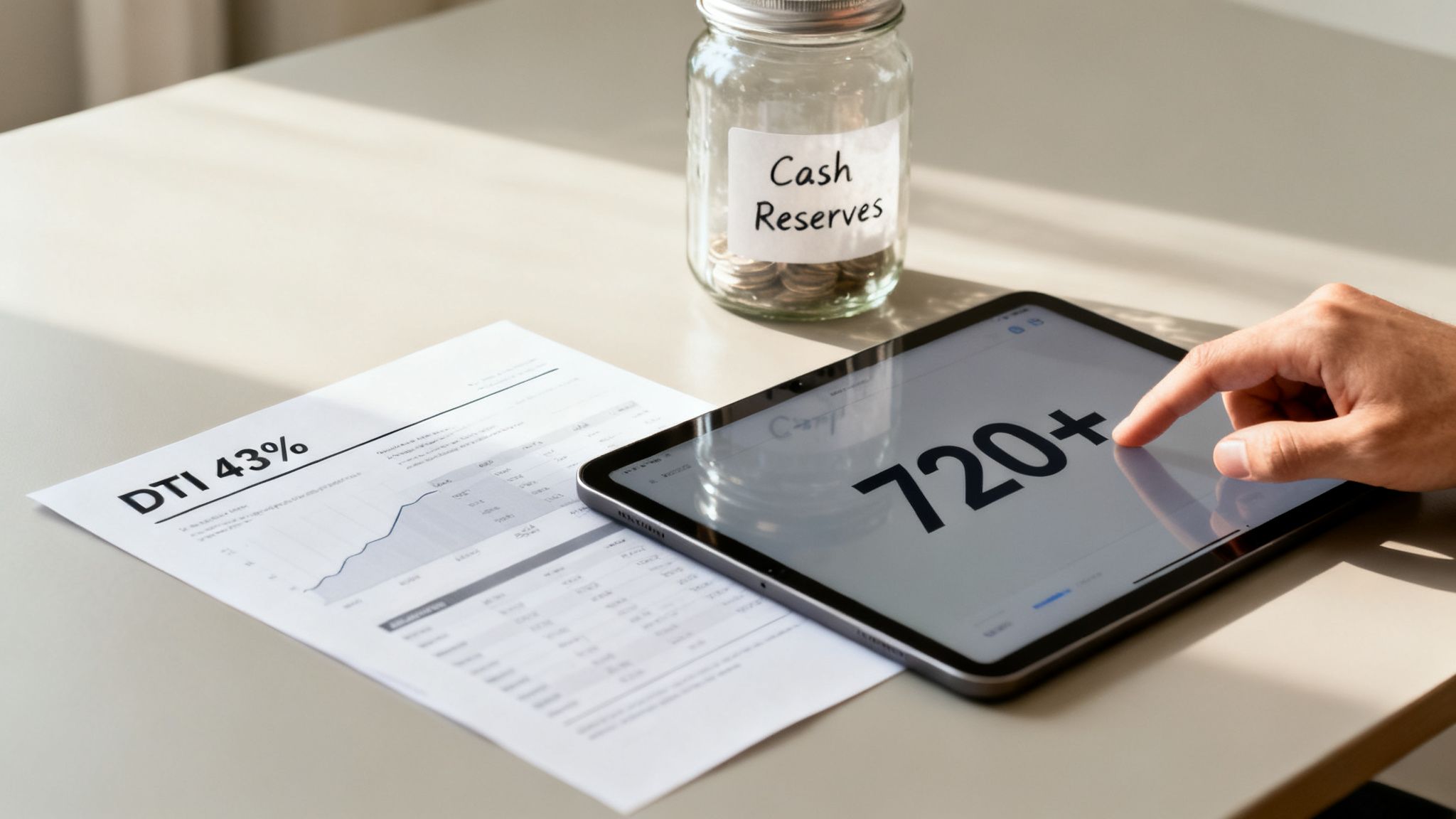 A person's hand on a tablet displaying '720+', alongside a 'DTI 43%' document and 'Cash Reserves' jar.