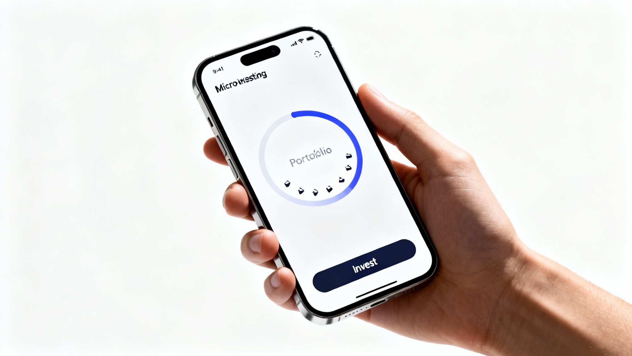 A hand holds a smartphone displaying a 'MicroInvesting' app with a portfolio progress and an 'Invest' button.