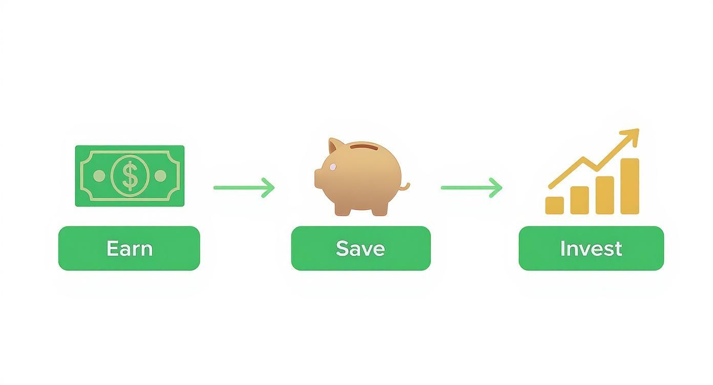 Financial growth concept showing earn money, save in piggy bank, and invest progression diagram