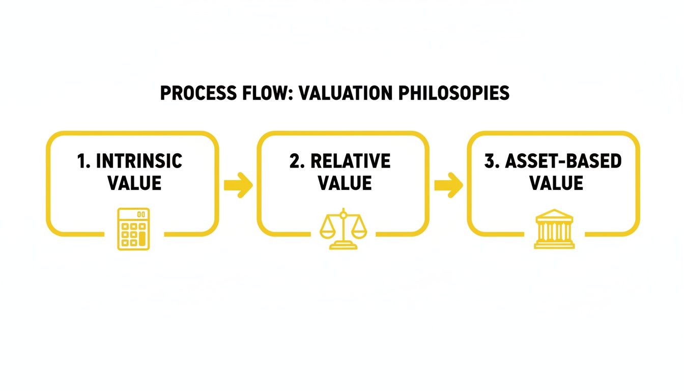 A process flow diagram illustrating three valuation philosophies: Intrinsic, Relative, and Asset-Based Value, with icons.