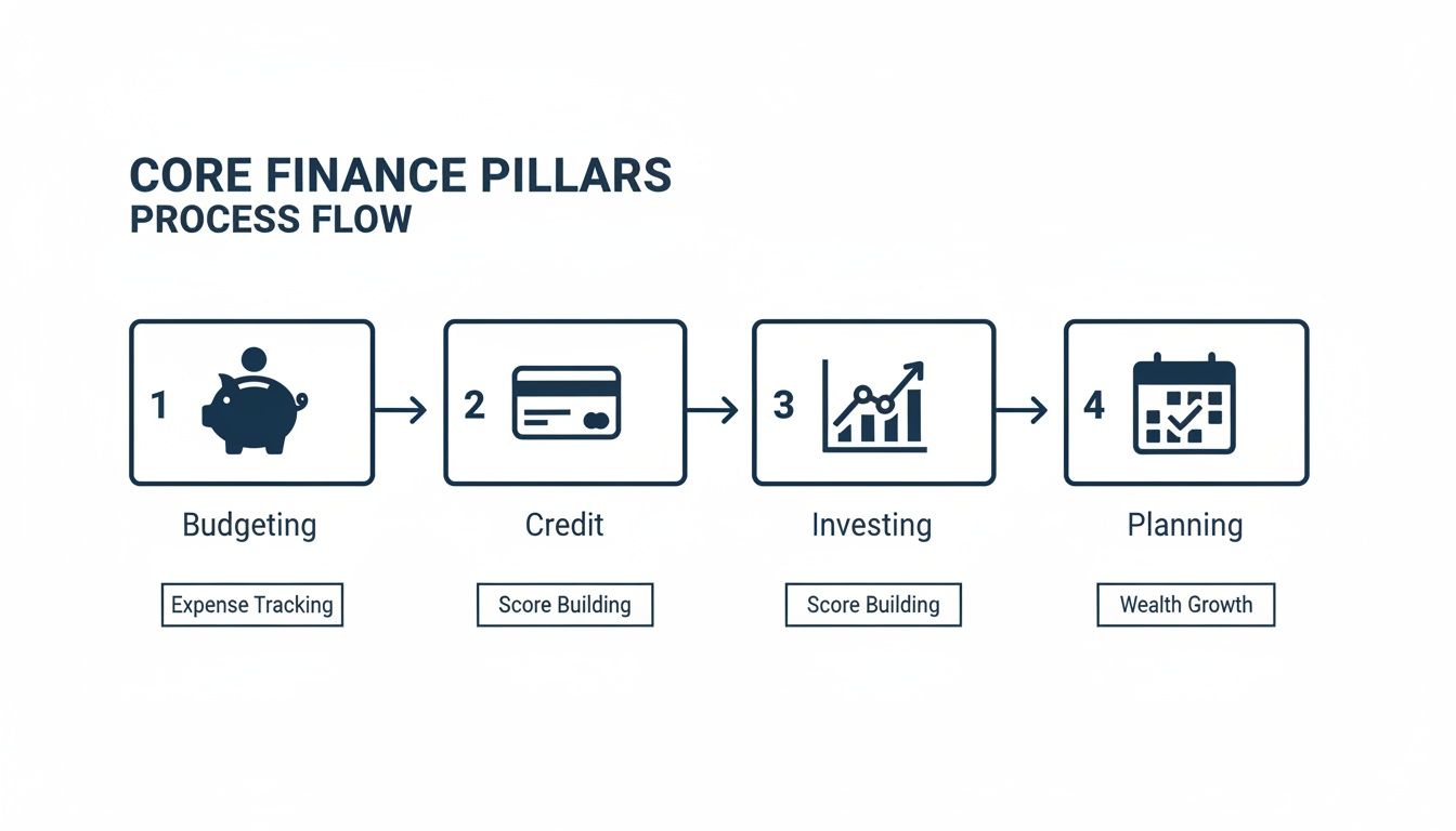 A process flow diagram illustrating the four core finance pillars: Budgeting, Credit, Investing, and Planning.