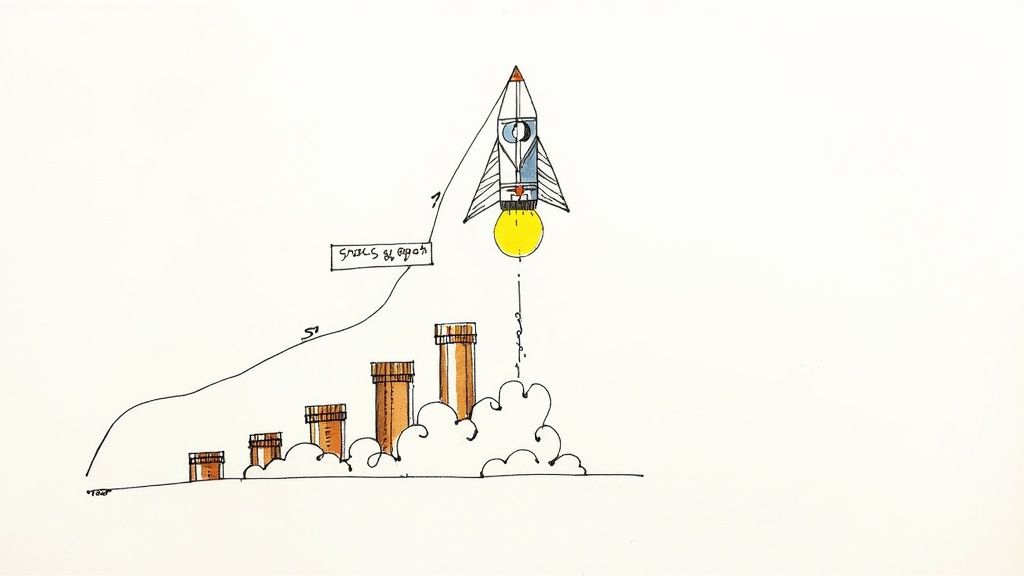 Illustrated rocket launching with a lightbulb engine, symbolizing innovation and growth from a rising base.
