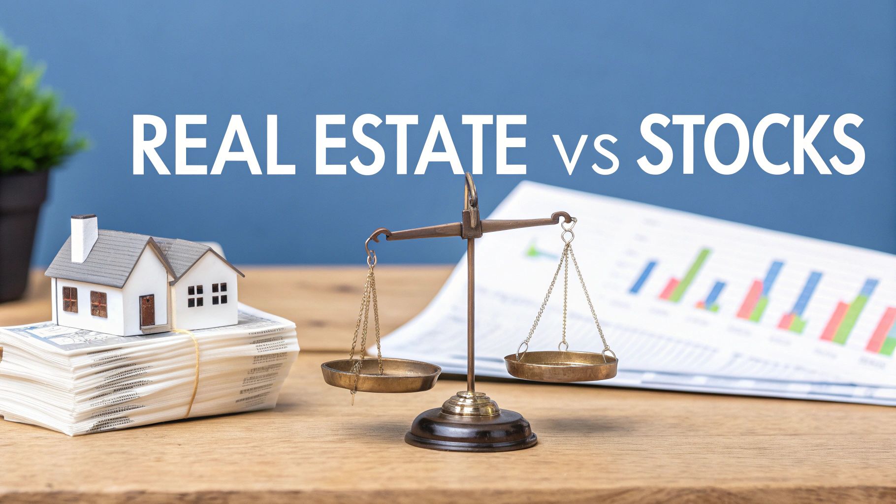 A miniature house on money, a balance scale, and charts illustrate 'REAL ESTATE vs STOCKS'.