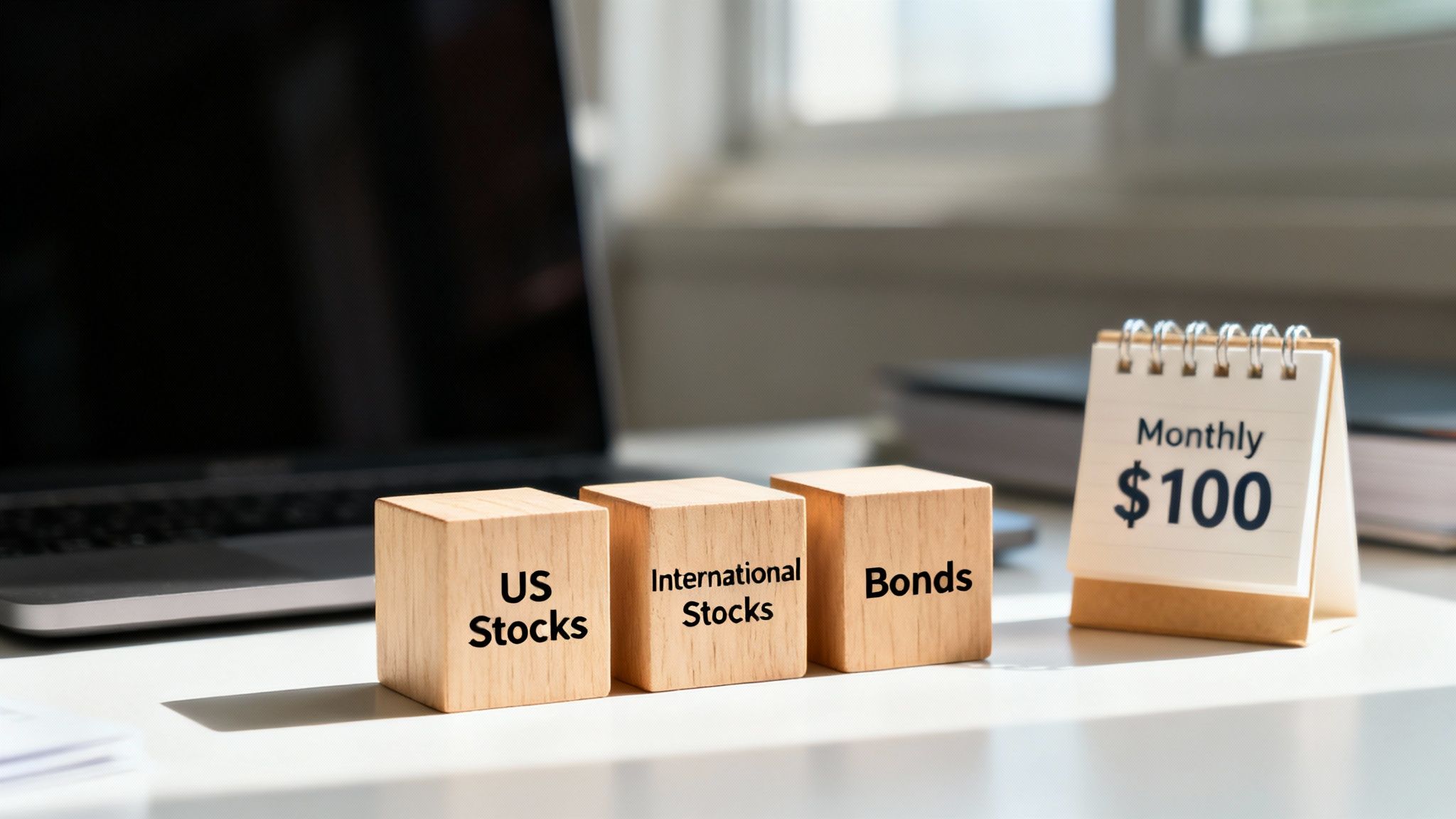Three wooden blocks representing US Stocks, International Stocks, and Bonds, with a monthly $100 savings goal.