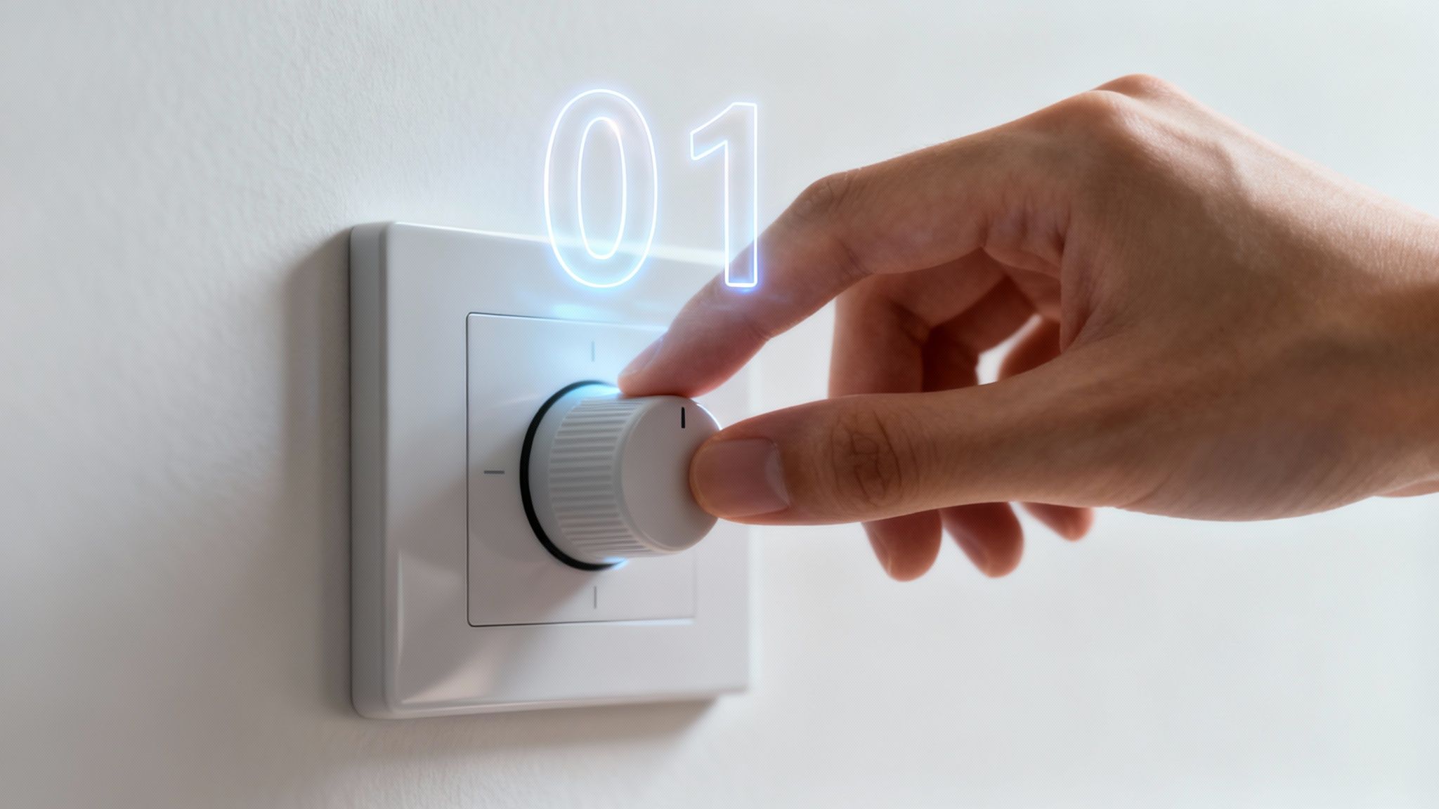 A hand adjusts a white dimmer switch on a light-colored wall, displaying a glowing '01' number.