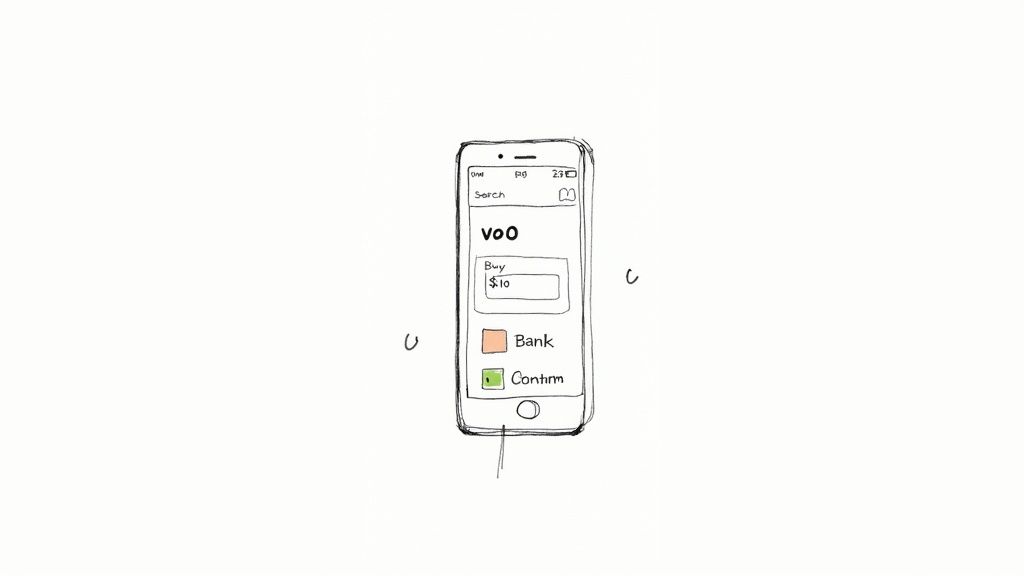 A hand-drawn smartphone wireframe displays an app interface for buying VOO, featuring a '$10' input, bank, and confirm options.