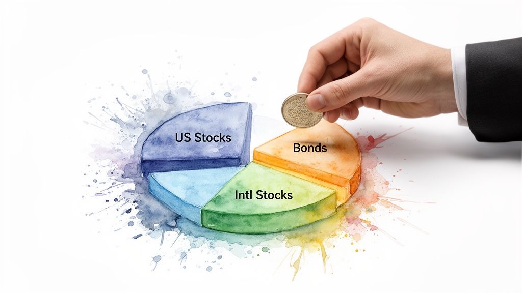 A hand places a coin into a watercolor pie chart showing investment allocation: US Stocks, Bonds, Intl Stocks.