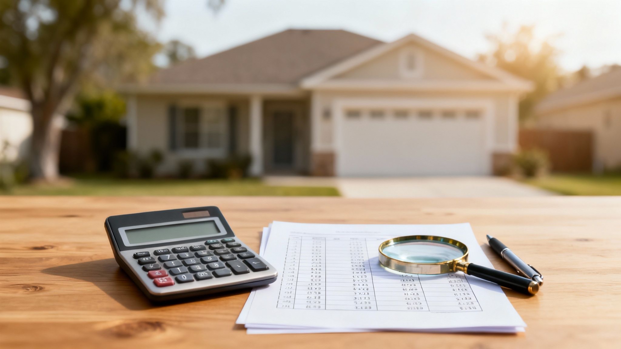 Calculator, documents, and magnifying glass on a table, with a blurred house in the background.