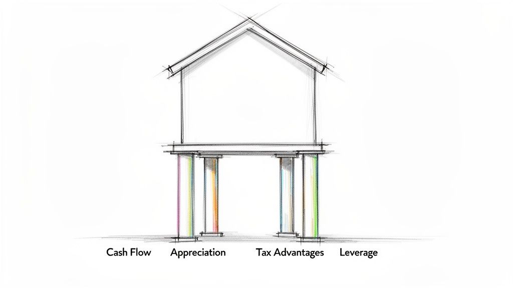 Sketch of a house on four pillars labeled: Cash Flow, Appreciation, Tax Advantages, and Leverage, representing real estate investing principles.