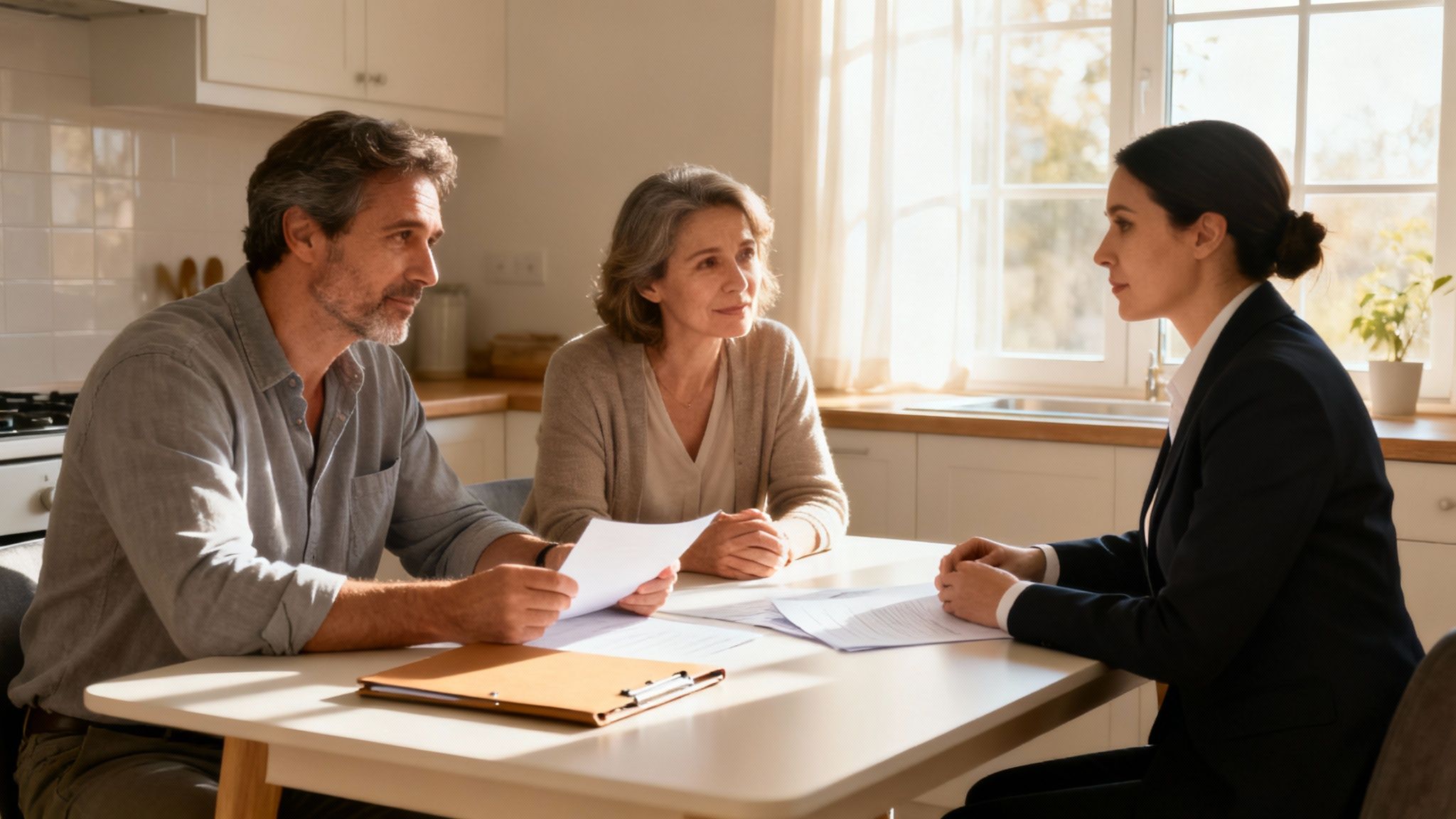 An insurance agent meets with an older couple at their kitchen table to discuss policies.