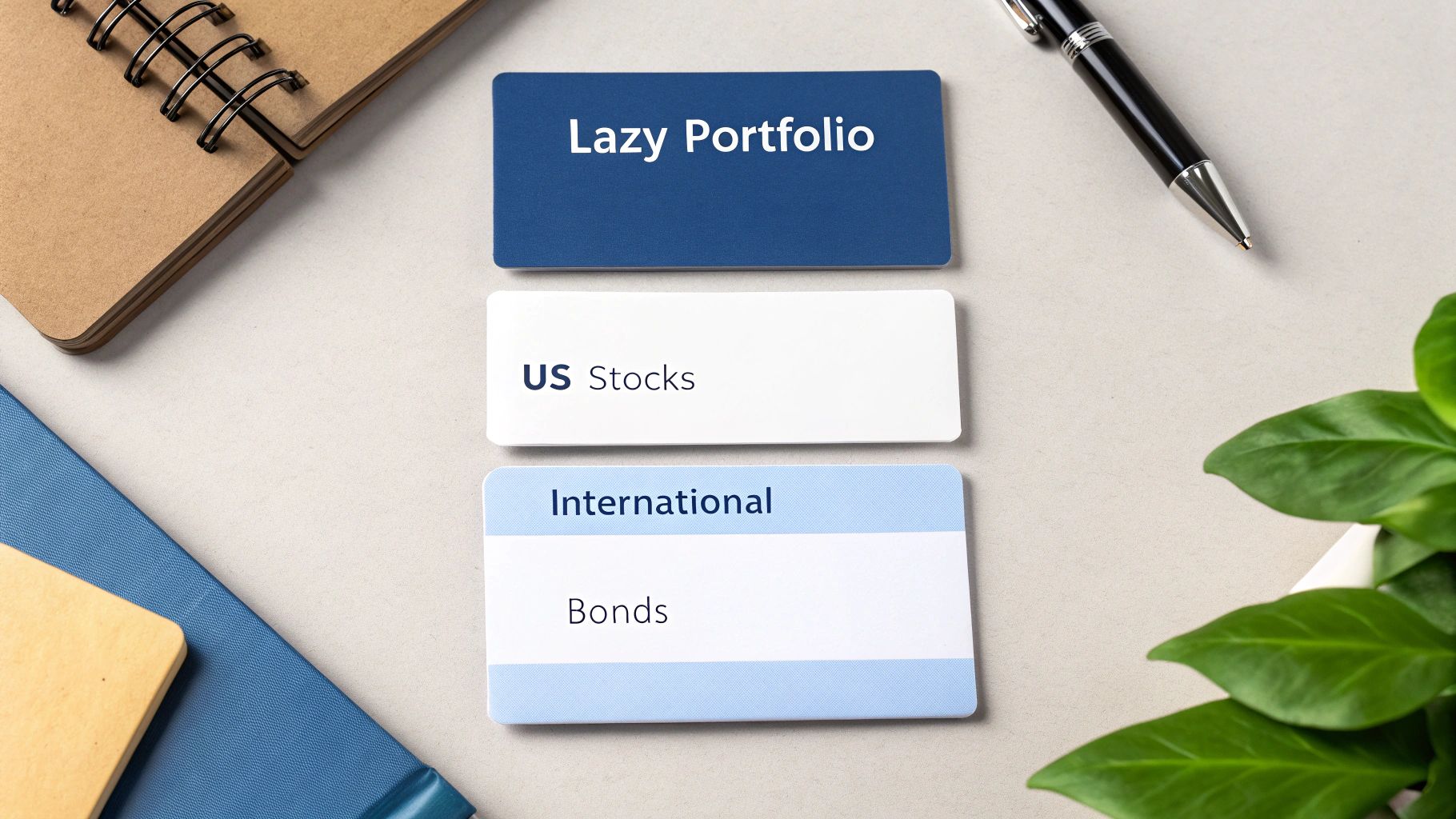 Flat lay of investment strategy cards: Lazy Portfolio, US Stocks, International, and Bonds, with a notebook and pen.