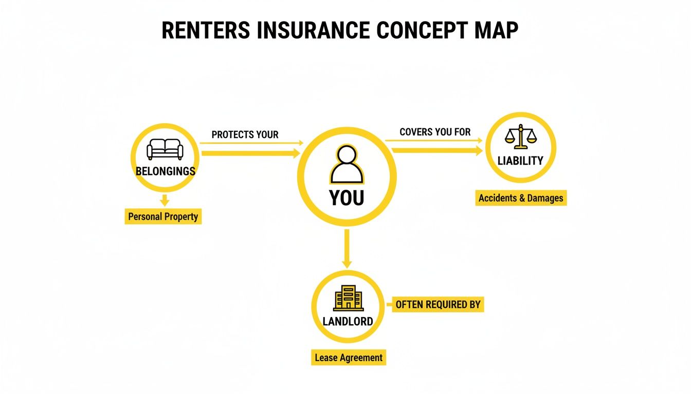 A renters insurance concept map illustrating protection for personal belongings, liability coverage, and landlord requirements.