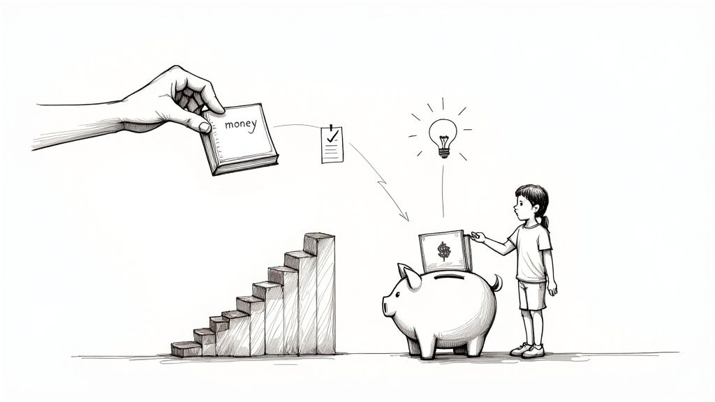 Illustration of money management: a hand with a 'money' book, ideas, a child saving in a piggy bank, and growth.
