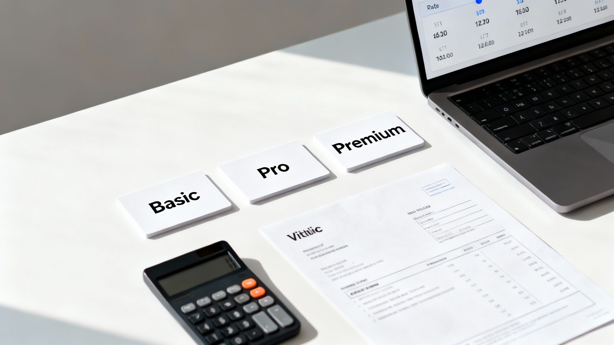 Three pricing plan cards (Basic, Pro, Premium) on a desk with a laptop, calculator, and document, symbolizing business finance.