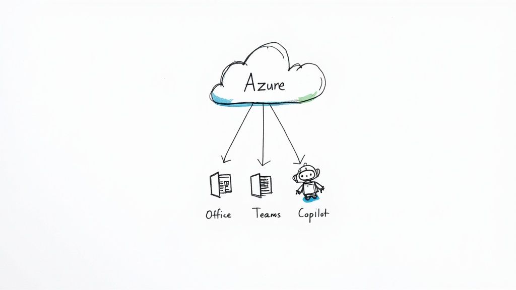 Hand-drawn diagram depicting Azure cloud providing services to Microsoft Office, Teams, and Copilot.
