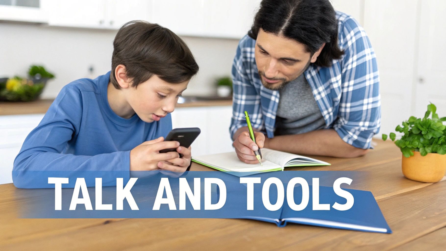 A man and a boy sit at a wooden table; the boy uses a phone while the man writes in a notebook.