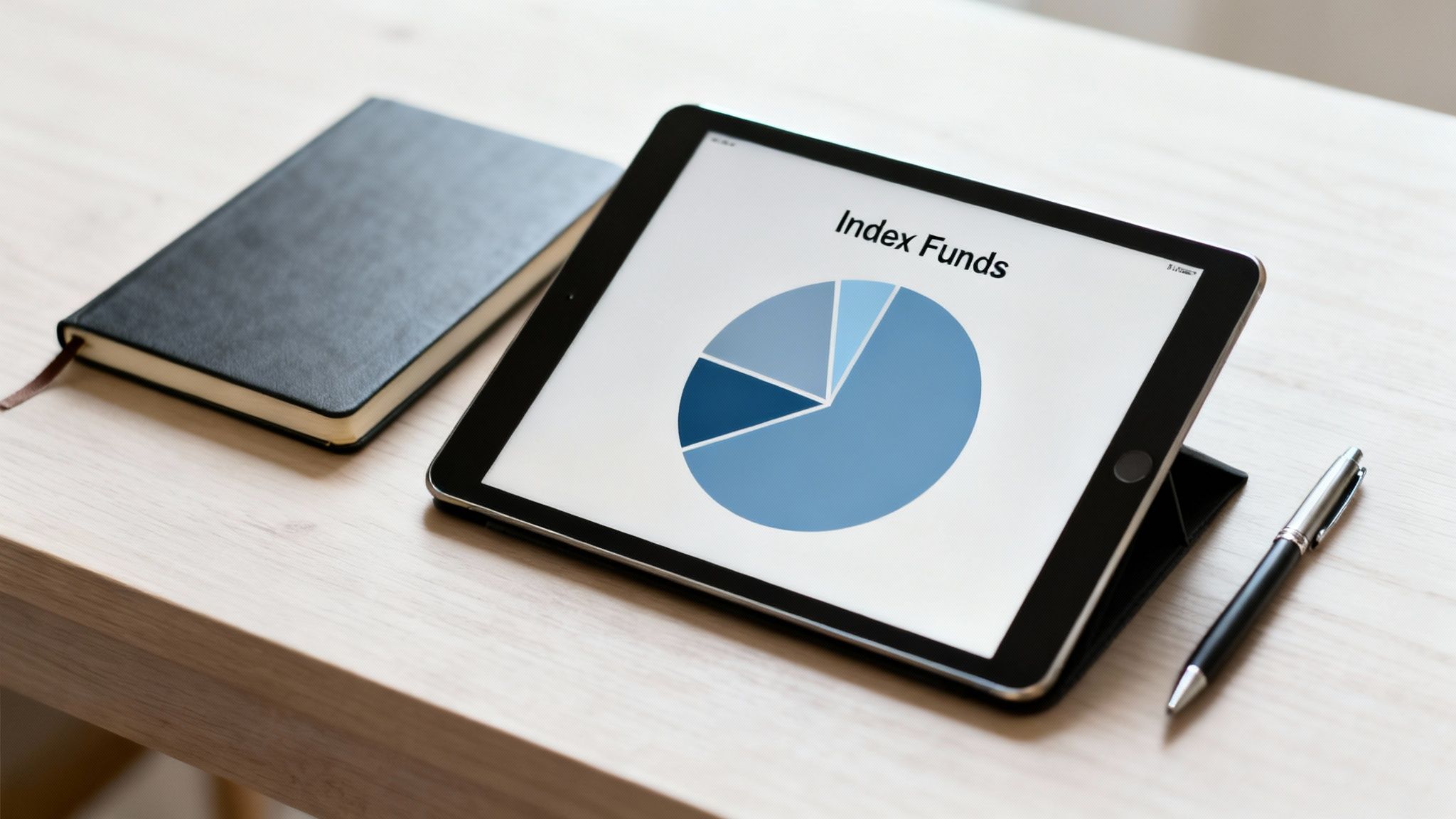 A tablet displays a pie chart on 'Index Funds' alongside a notebook and pen on a light wooden desk.