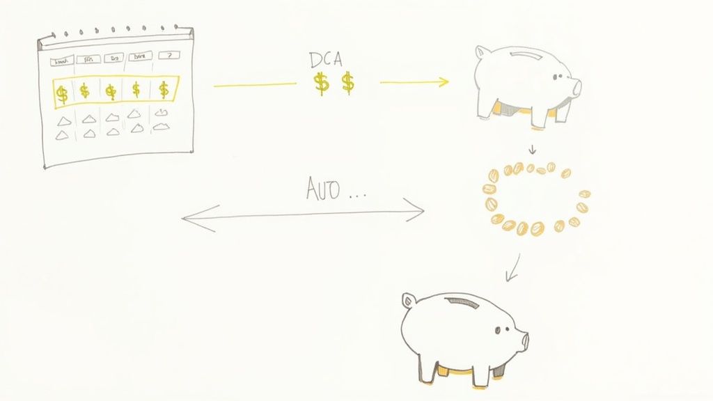 Diagram illustrates dollar-cost averaging, showing regular calendar payments deposited into a growing piggy bank.