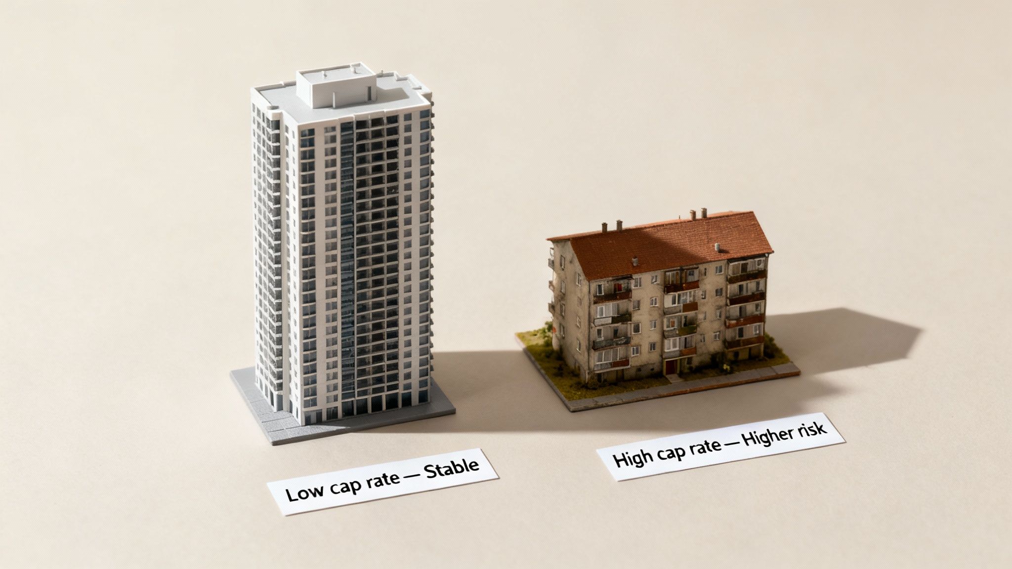 Two miniature buildings, a modern high-rise and an older apartment block, illustrating different real estate cap rates and risks.
