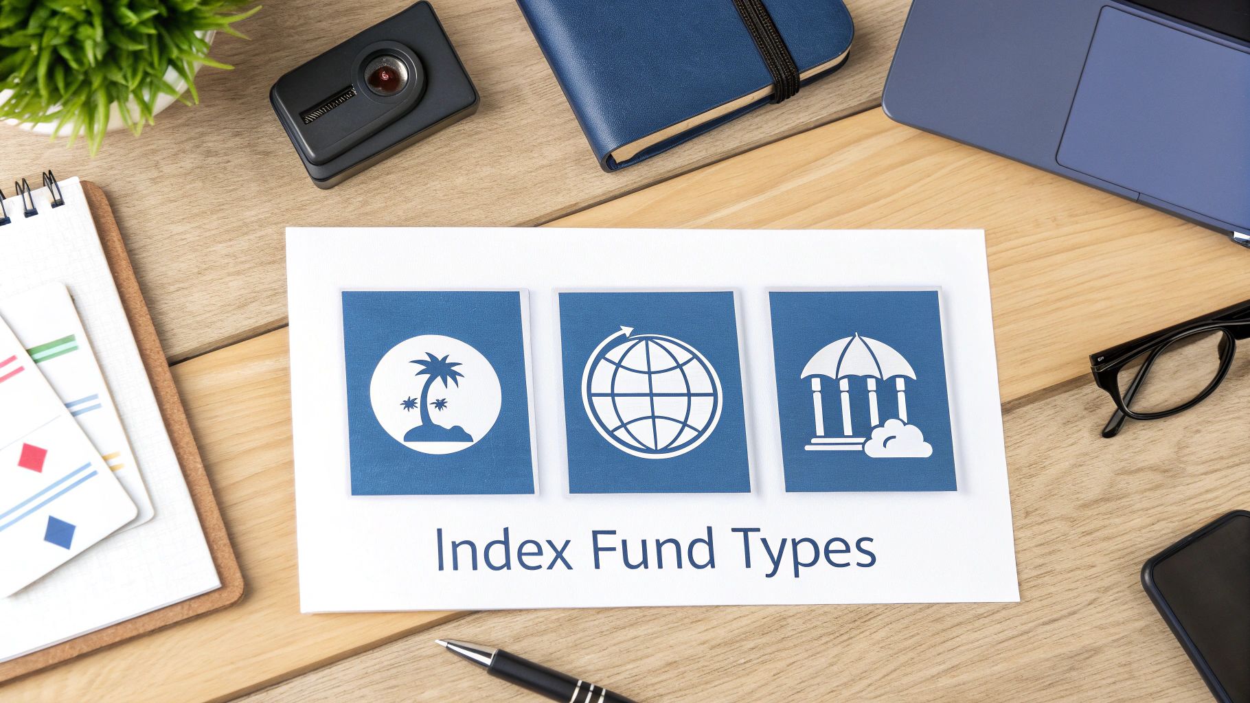 A flat lay of a desk with a paper showing "Index Fund Types" and three symbolic icons for investment.