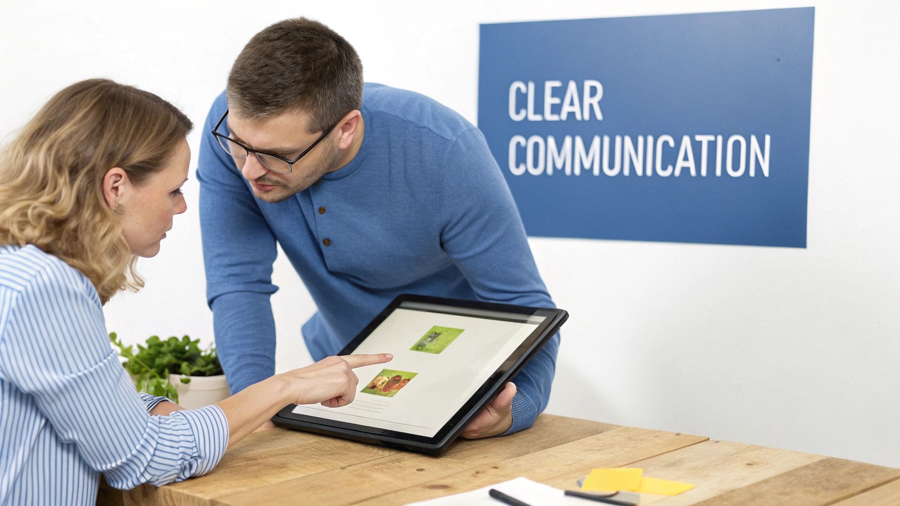 Two colleagues collaboratively discussing content on a tablet, with a 'Clear Communication' sign.