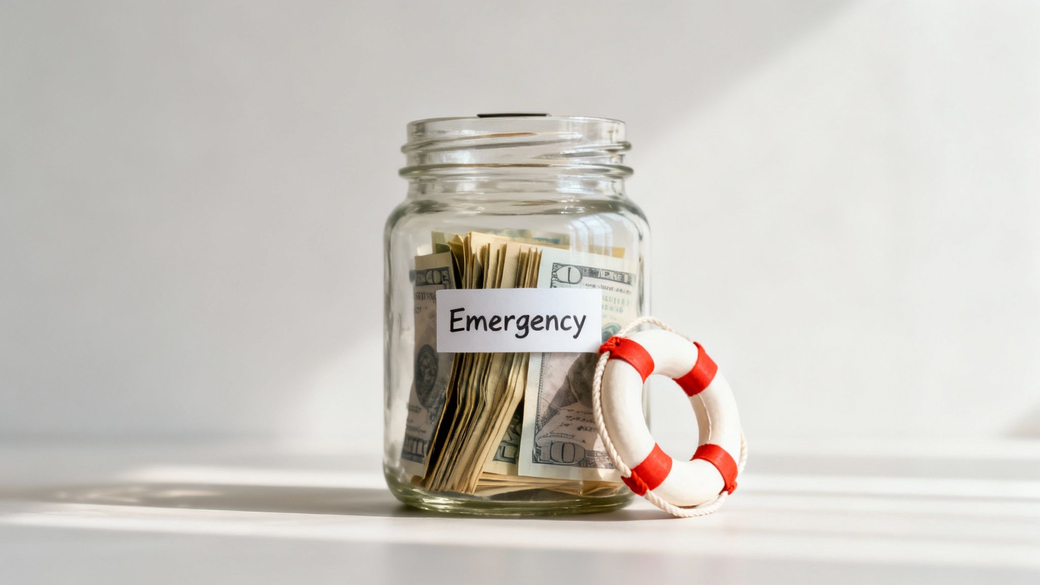 Glass jar filled with dollar bills labeled 'Emergency' next to a lifebuoy, symbolizing financial safety.