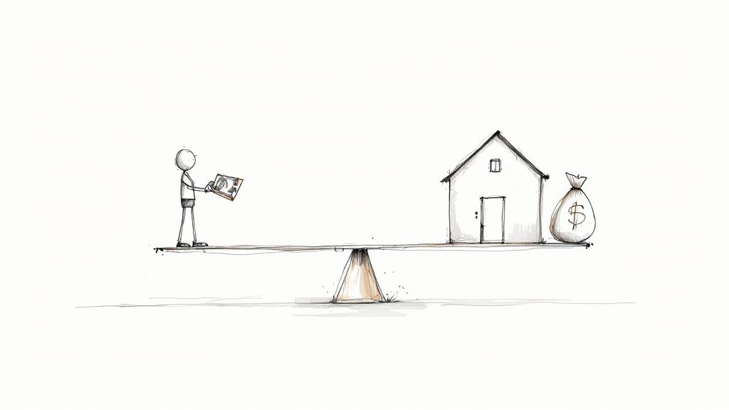 A stick figure holding money balances a house and a bag of money on a seesaw.