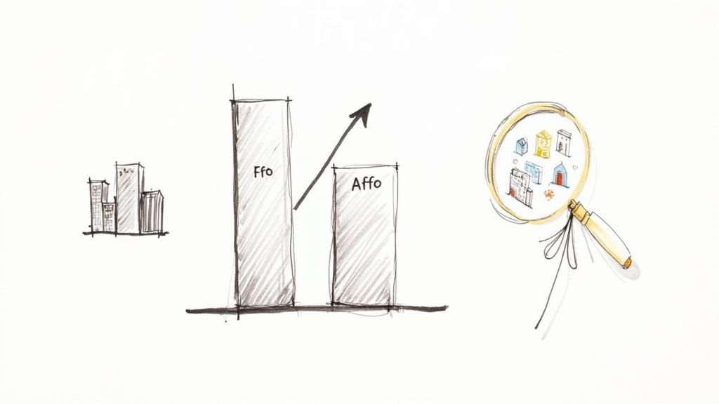 A person using a magnifying glass to inspect a chart with building icons, symbolizing the analysis of REIT performance.