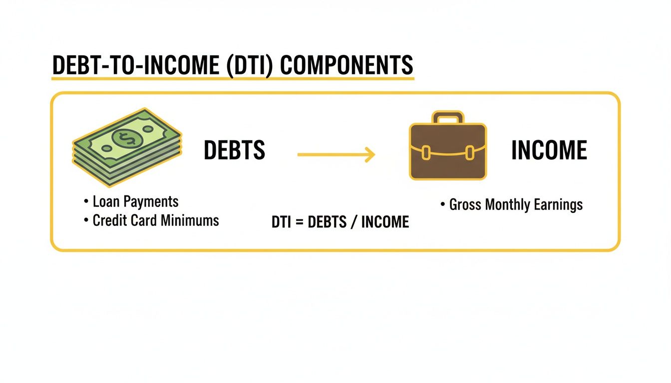 An infographic explaining Debt-to-Income (DTI) ratio components: debts (loans, credit cards) and gross monthly income.