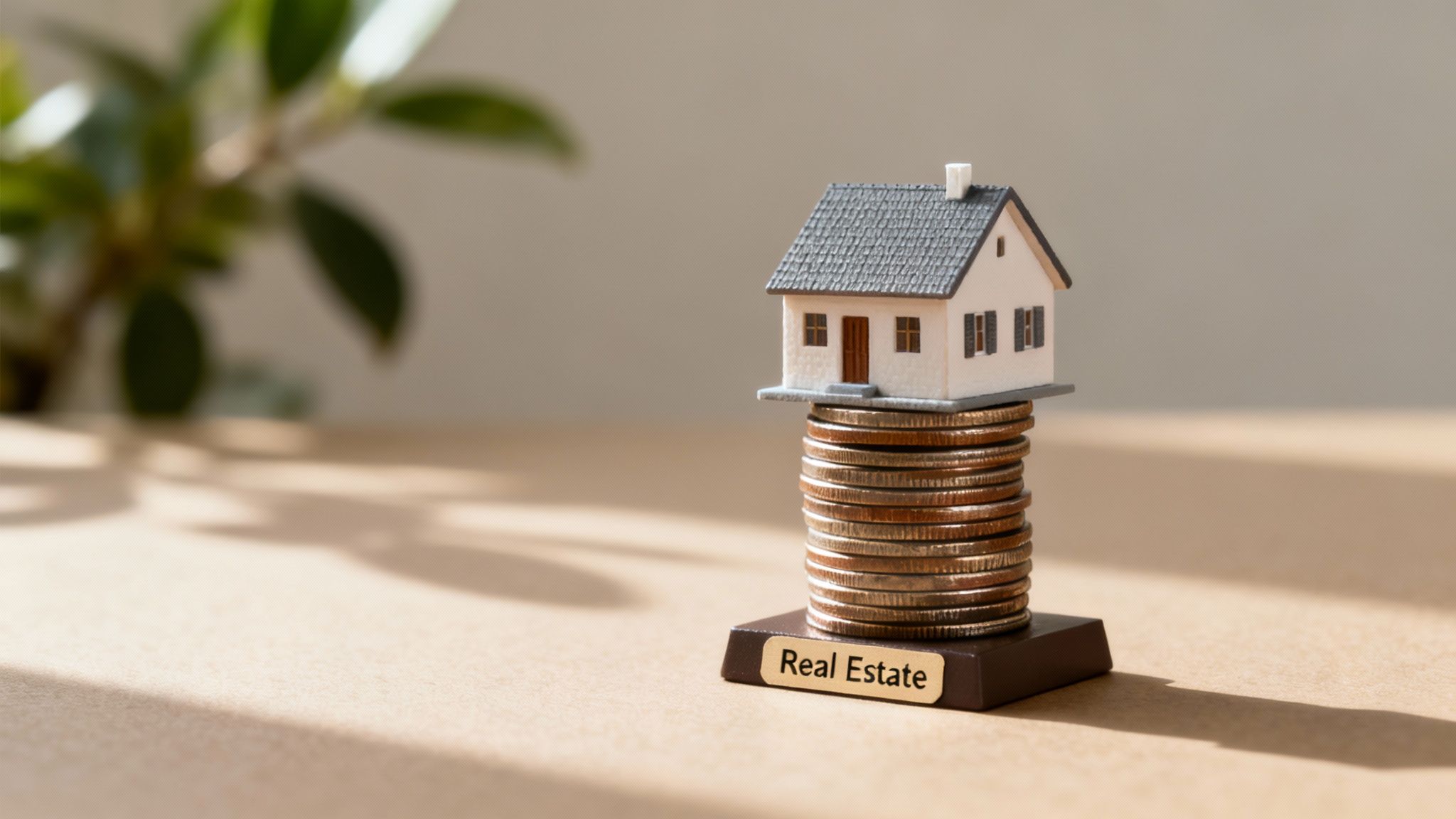 Miniature house model balancing on a stack of coins, representing real estate investment.