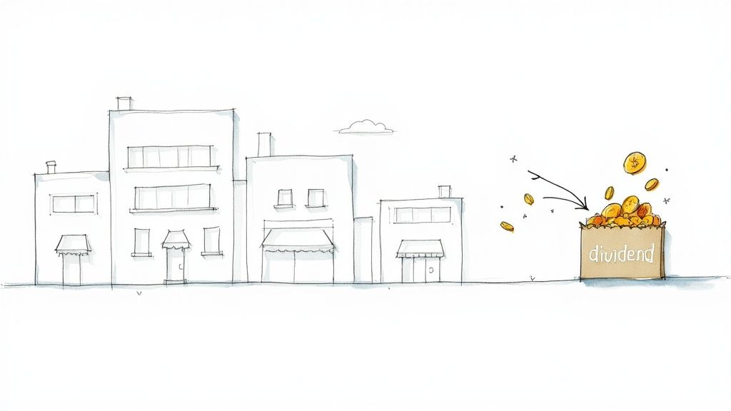 A sketch of buildings next to a bag labeled 'dividend' overflowing with golden coins.