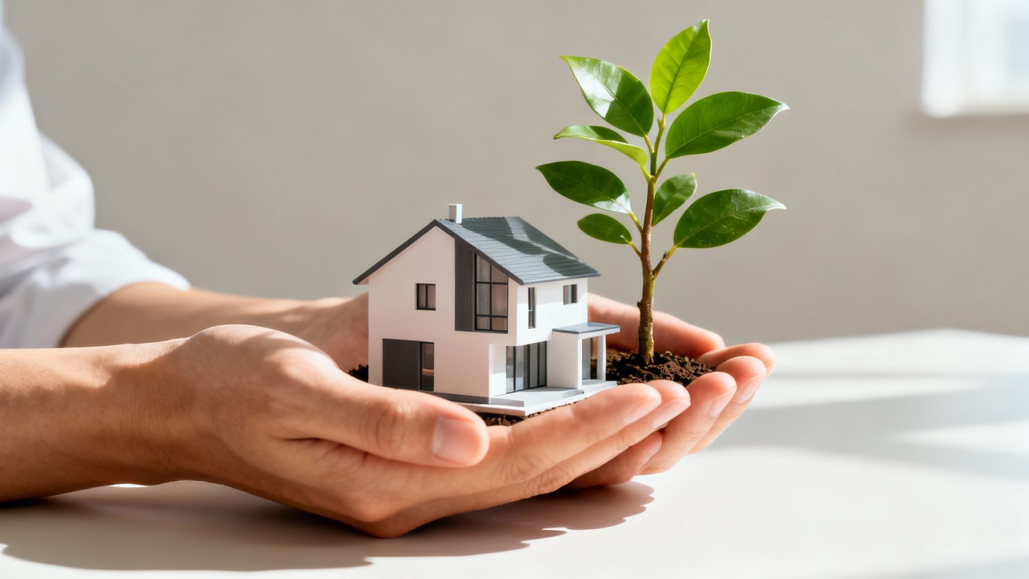 Hands gently cradle a miniature white house model and a vibrant green plant, symbolizing growth.