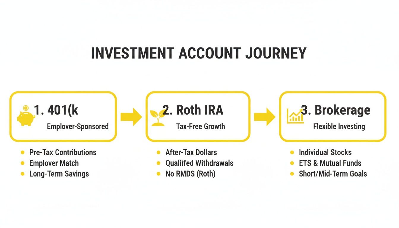 Diagram illustrating the investment account journey, featuring 401(k), Roth IRA, and Brokerage accounts with their benefits.