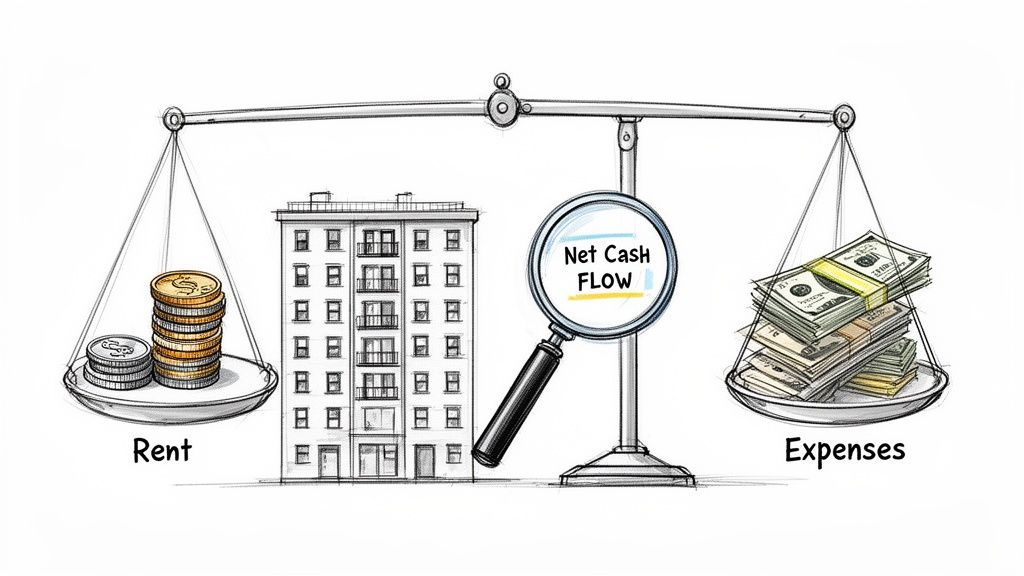 Illustration of a balance scale showing rental income, expenses, and net cash flow for a property.