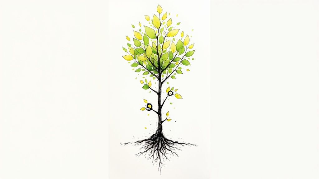 A majestic old tree with deep roots, symbolizing long-term wealth protection and legacy.