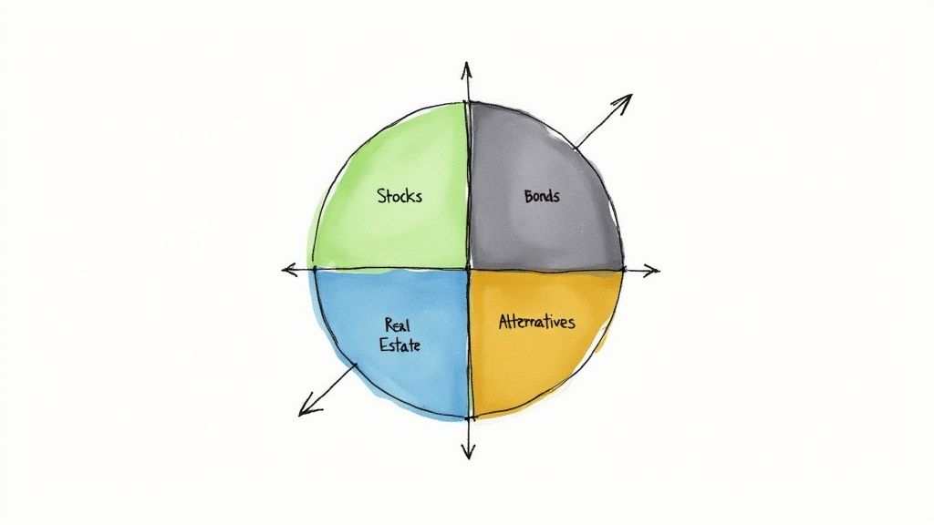 A hand-drawn pie chart illustrating investment portfolio diversification across stocks, bonds, real estate, and alternatives.