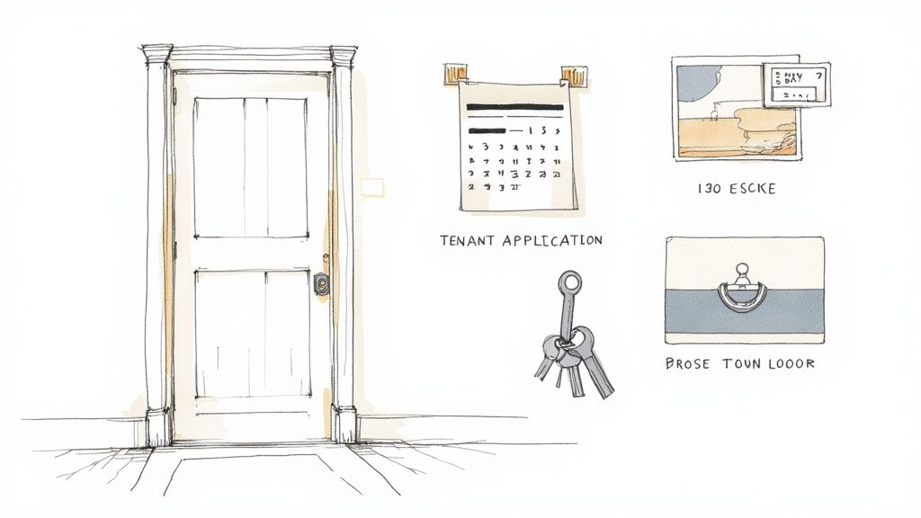 Watercolor illustration showing rental property keys, tenant application form, door, and property documentation
