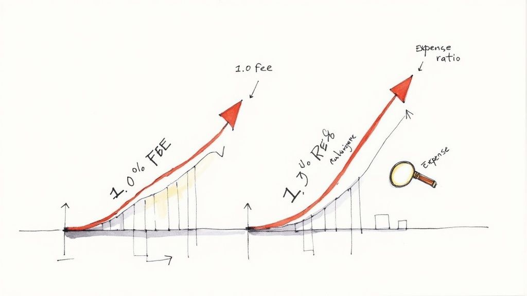 A magnifying glass hovering over a price tag, symbolizing the inspection of investment fees.