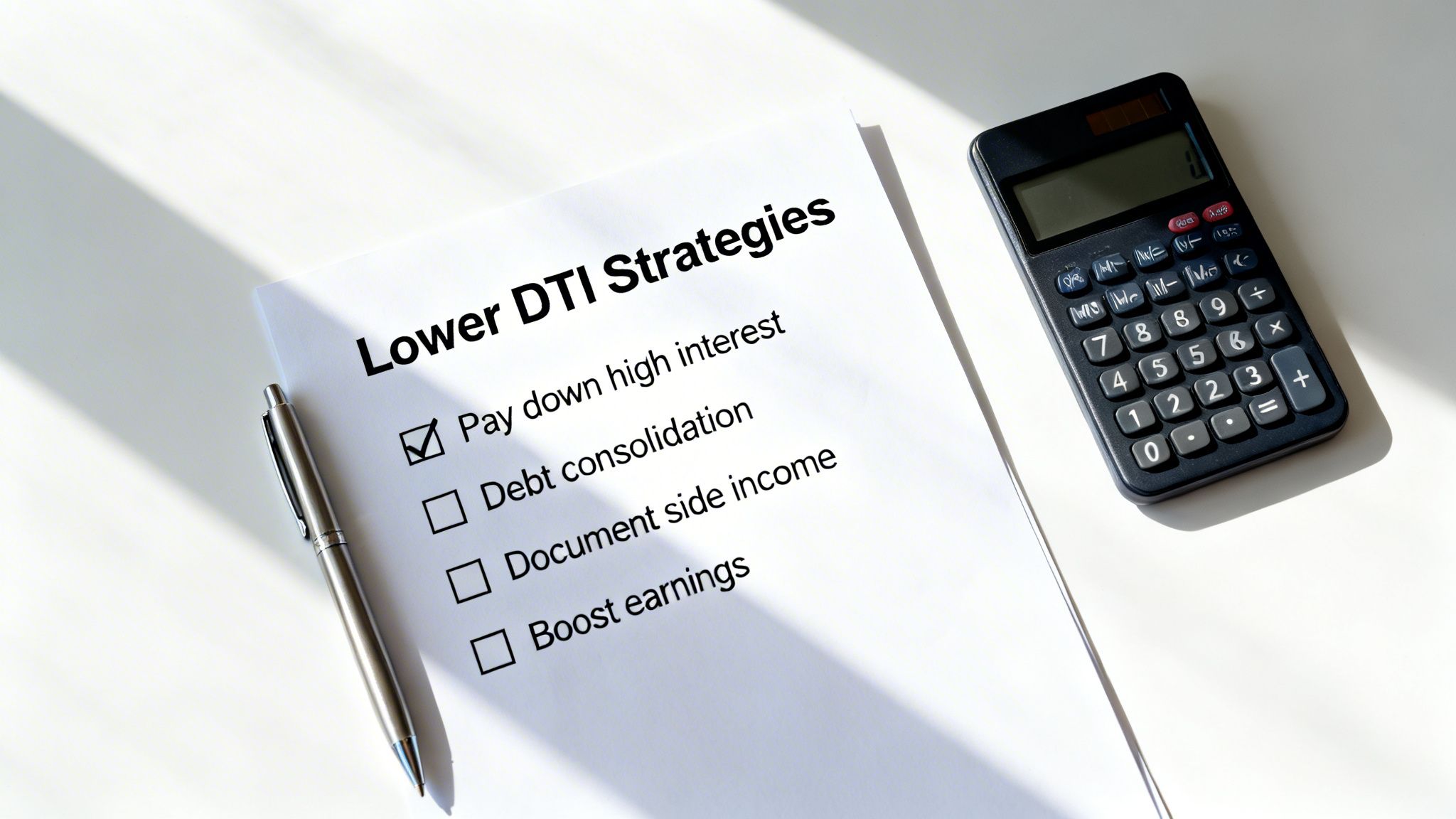 A checklist of 'Lower DTI Strategies' on paper, with 'Pay down high interest' checked, next to a pen and calculator.