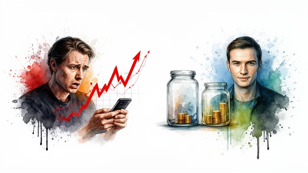 A stressed man viewing volatile stock charts on his phone, contrasted with a calm man beside jars of steady savings.