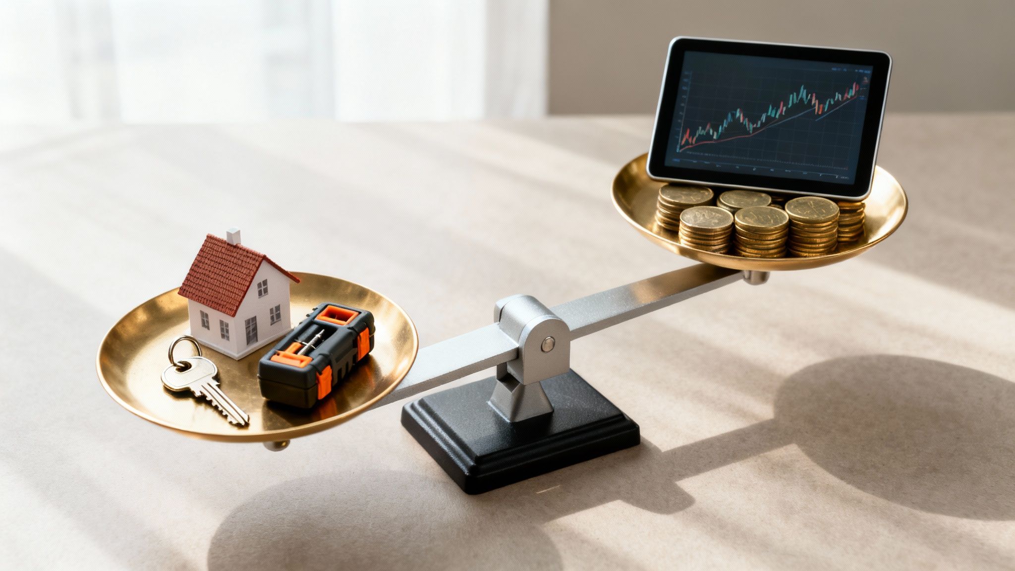 A balance scale weighing a miniature house, key, and toolbox against a tablet with stock charts and gold coins.