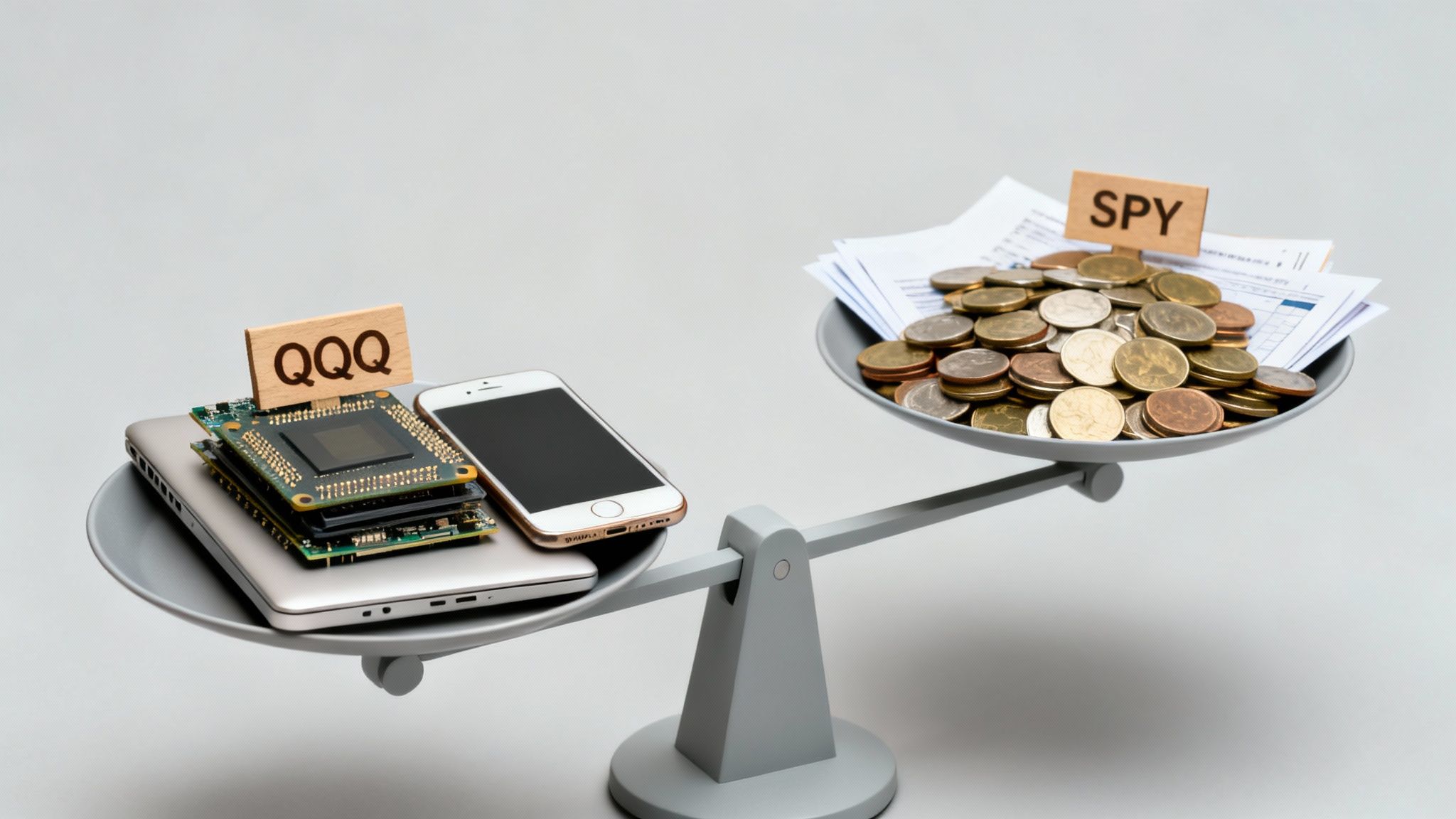 A balance scale compares QQQ tech items to SPY money and papers, with SPY weighing more.