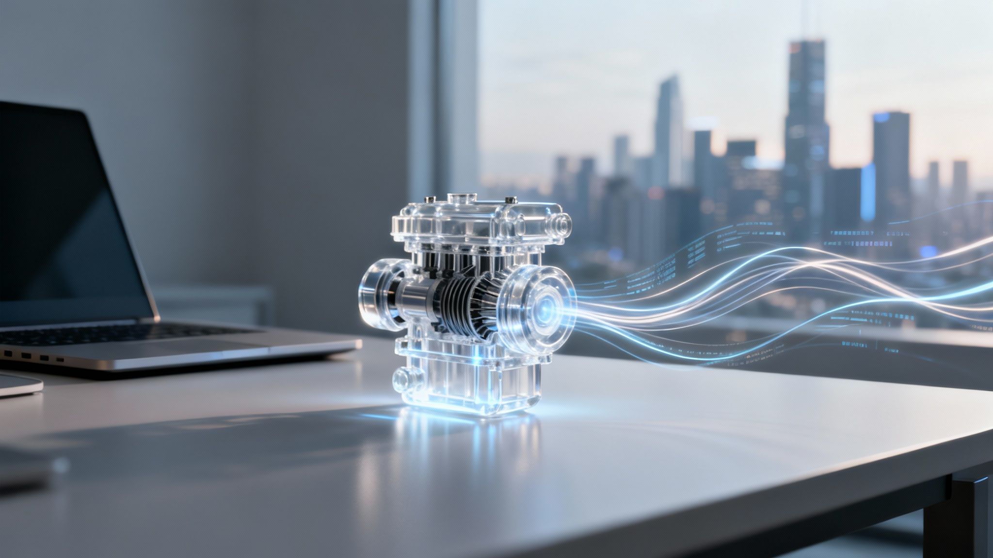 A transparent, glowing engine model on a desk, emitting data streams, with a laptop and city view.