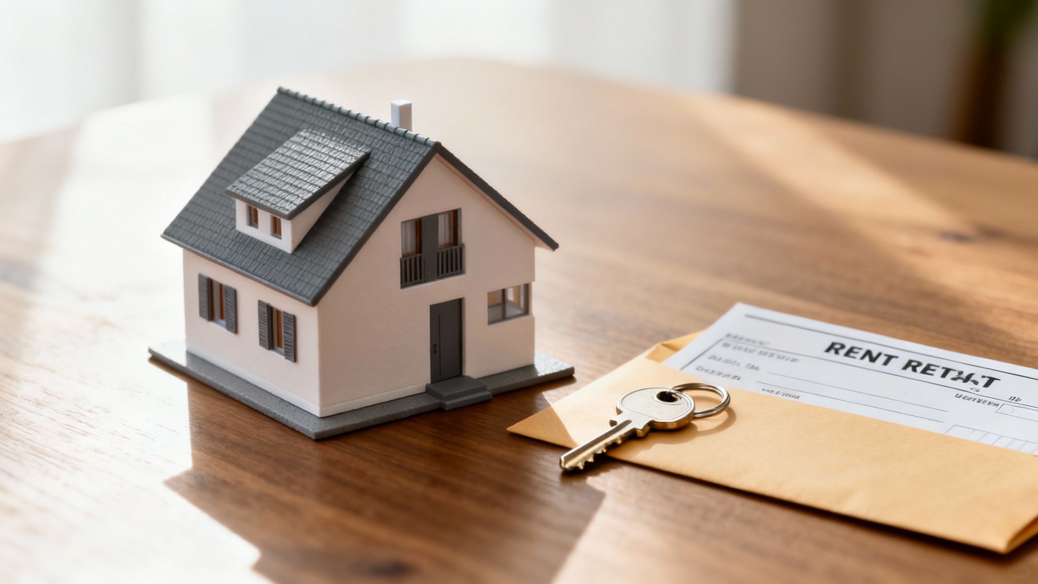 A miniature house model, a silver key, and a 'Rent Retax' document on a wooden table.