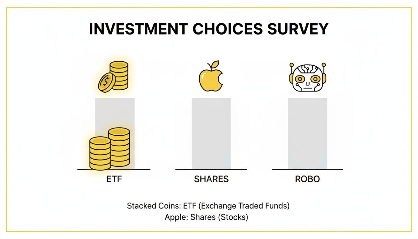 An investment choices survey showing three options: ETF (coins), Shares (Apple logo), and Robo-advisors (robot icon).
