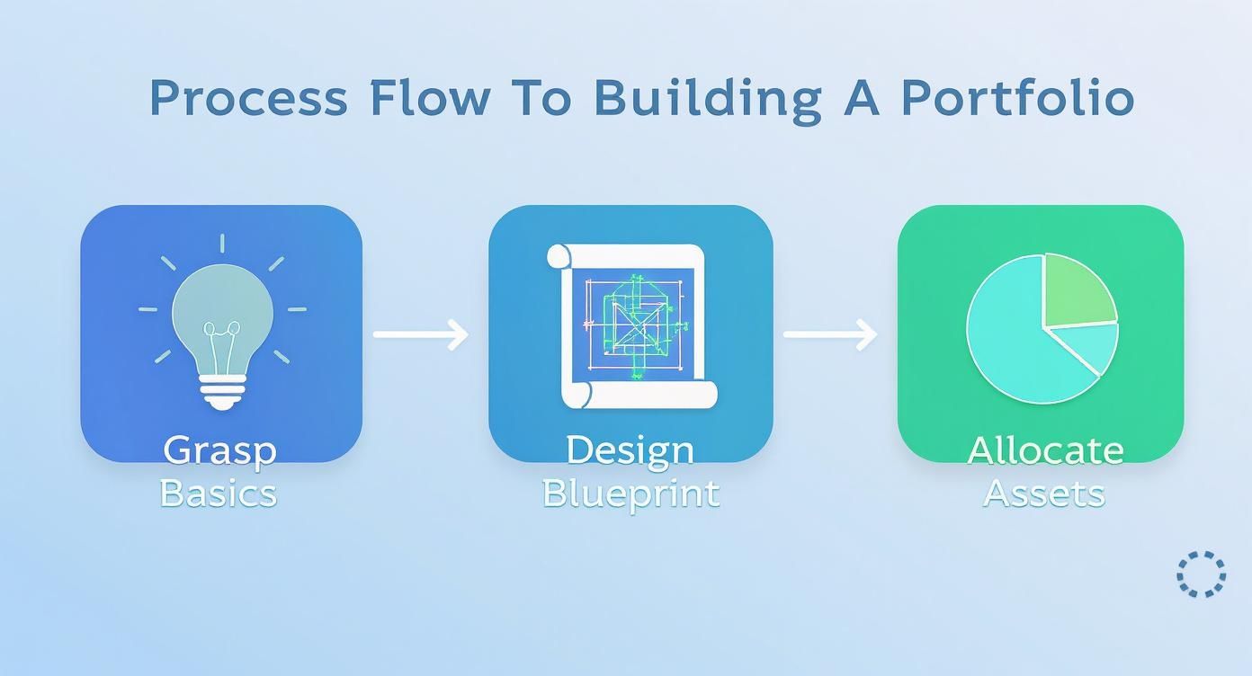 A three-step process flow for building an investment portfolio: Grasp Basics, Design Blueprint, Allocate Assets.