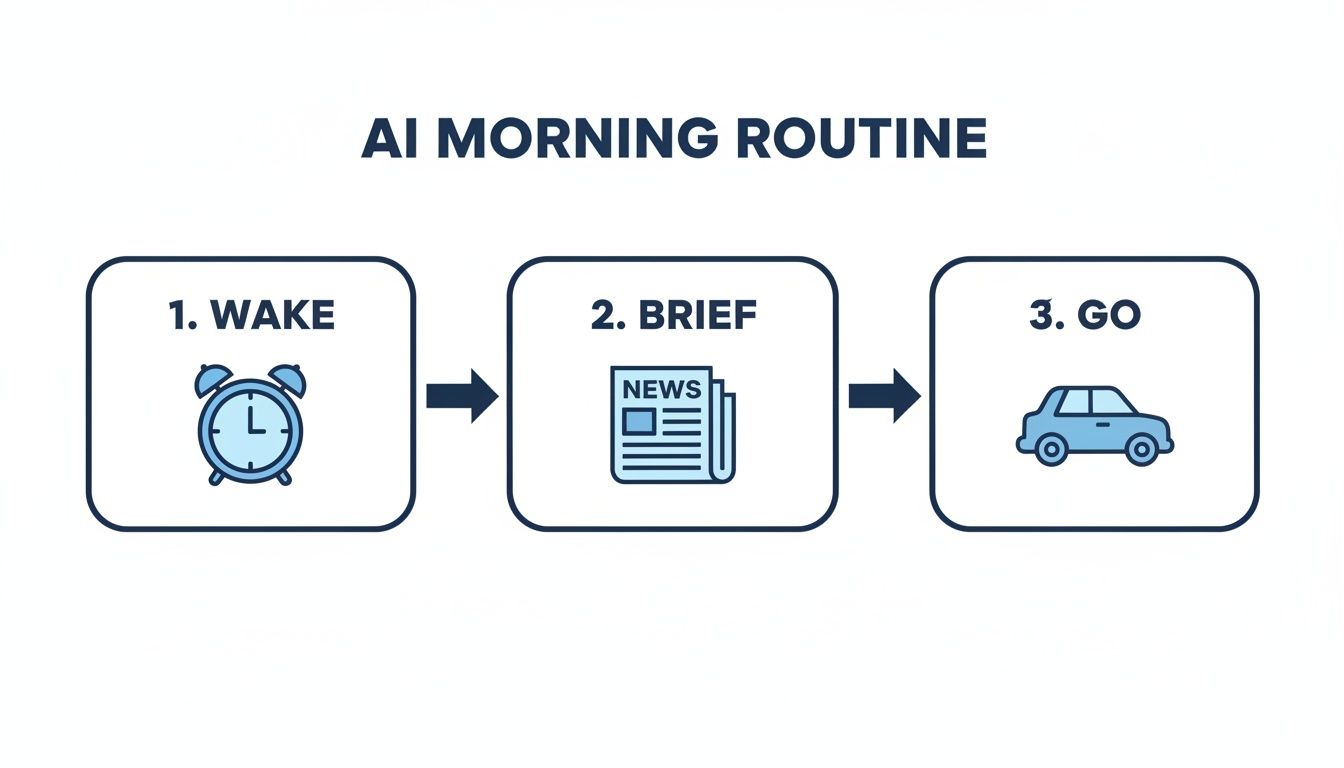 A flowchart illustrates an AI morning routine: wake with an alarm, brief with news, then go by car.