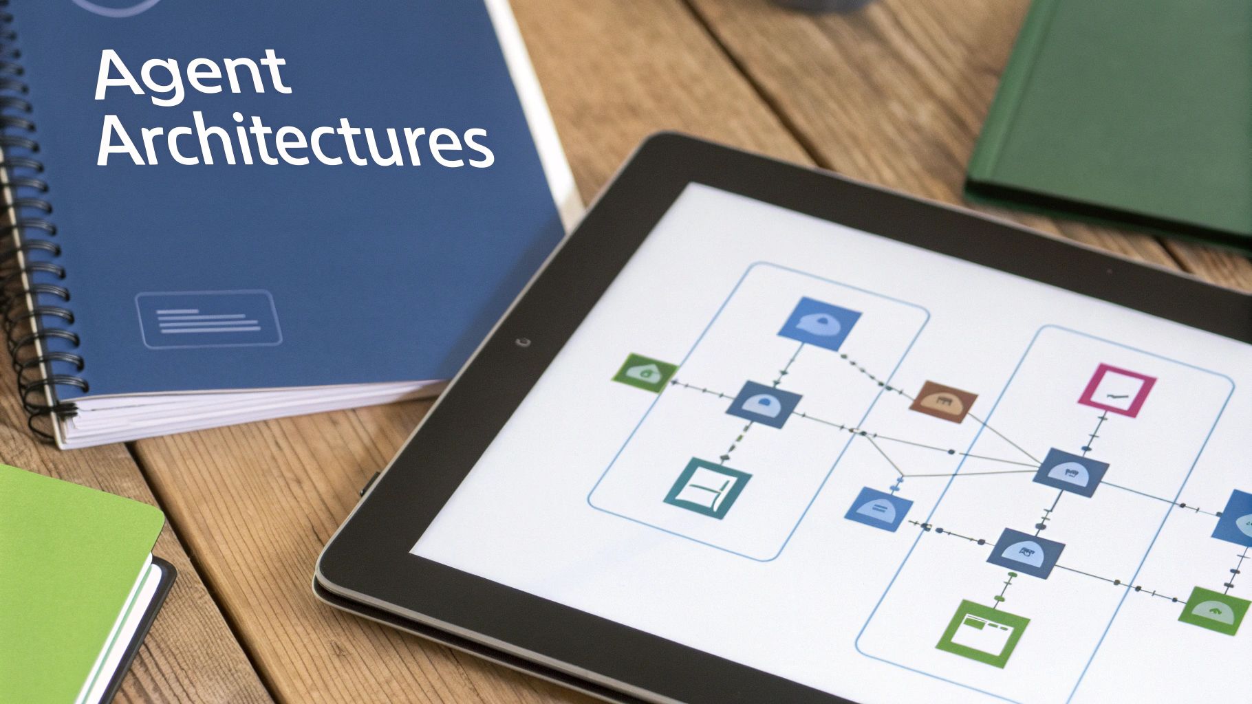 A blue notebook with "Agent Architectures" title and a tablet displaying a system diagram.