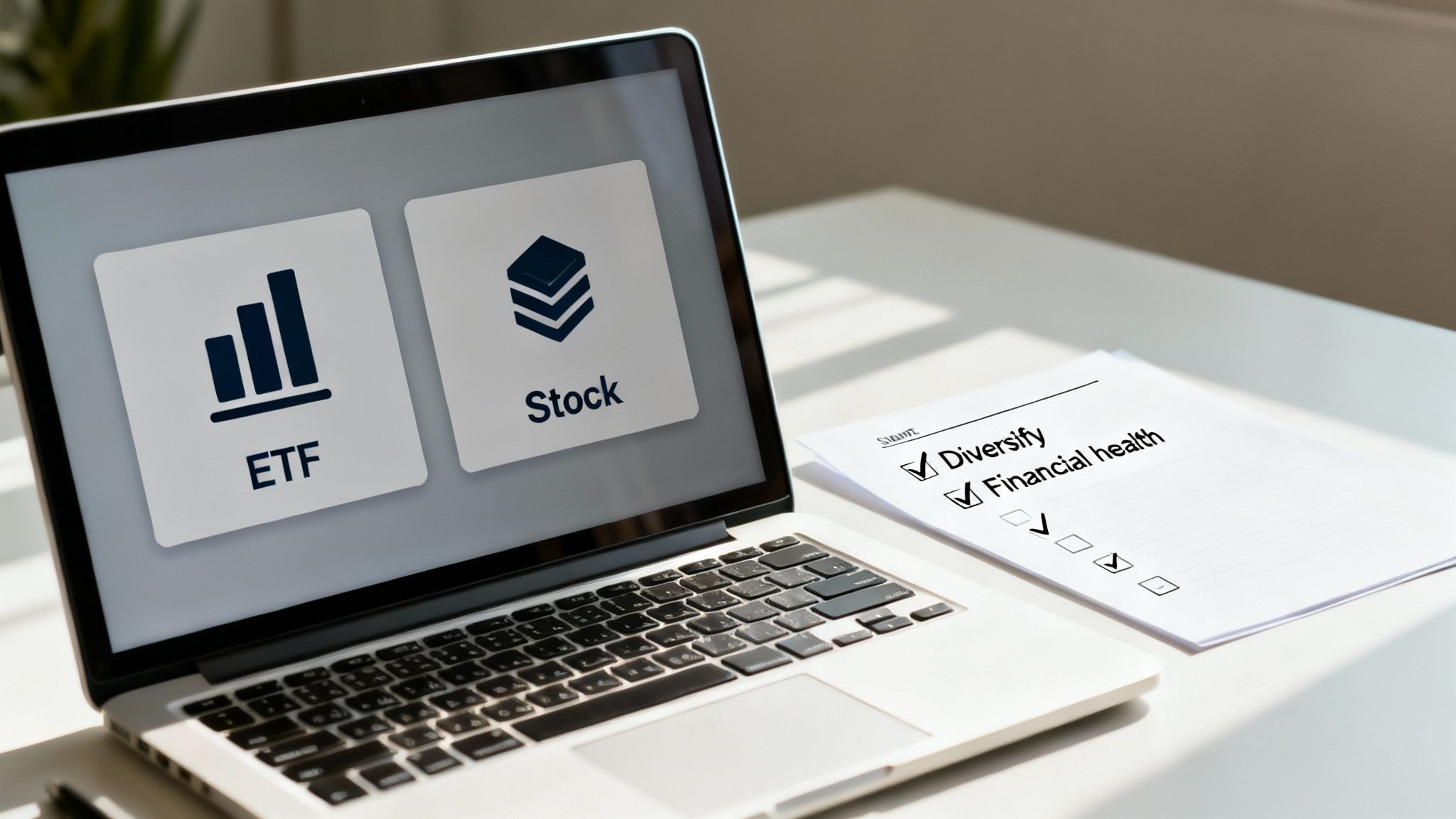 A laptop showing ETF and Stock options on screen, next to a financial checklist on a white desk.